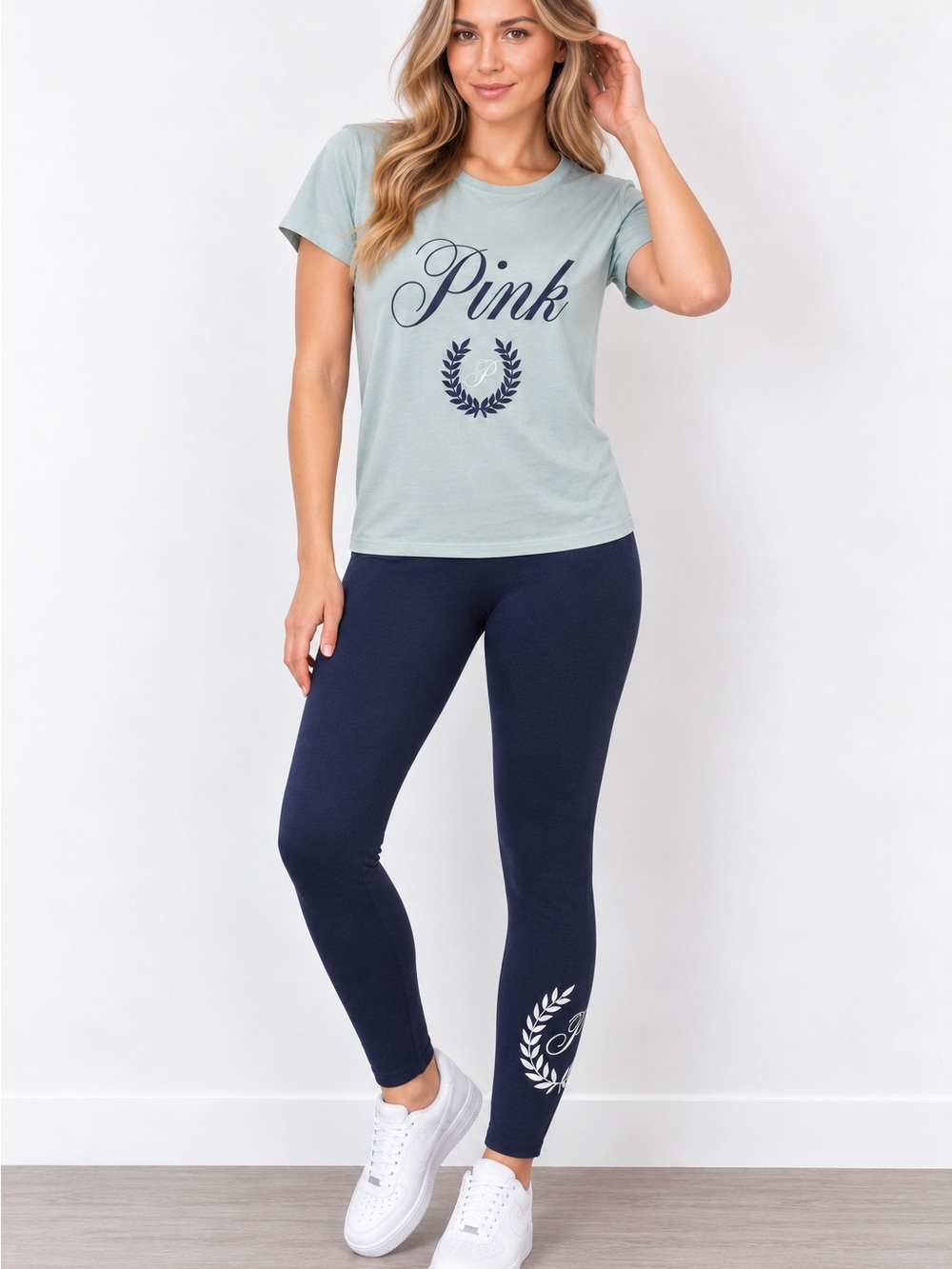 PINK Victoria's Secret Brand Navy Leggings with Mint/Blue Graphic Tee Set L